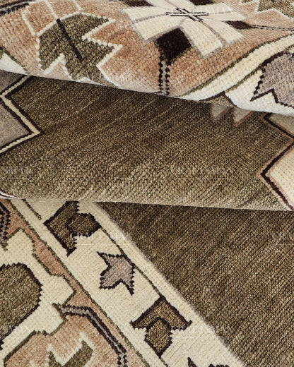 Hand Knotted Southwestern Wool Rug – Olive Green & Ivory Geometric Area Rug | Handmade Tribal Navajo Style Carpet