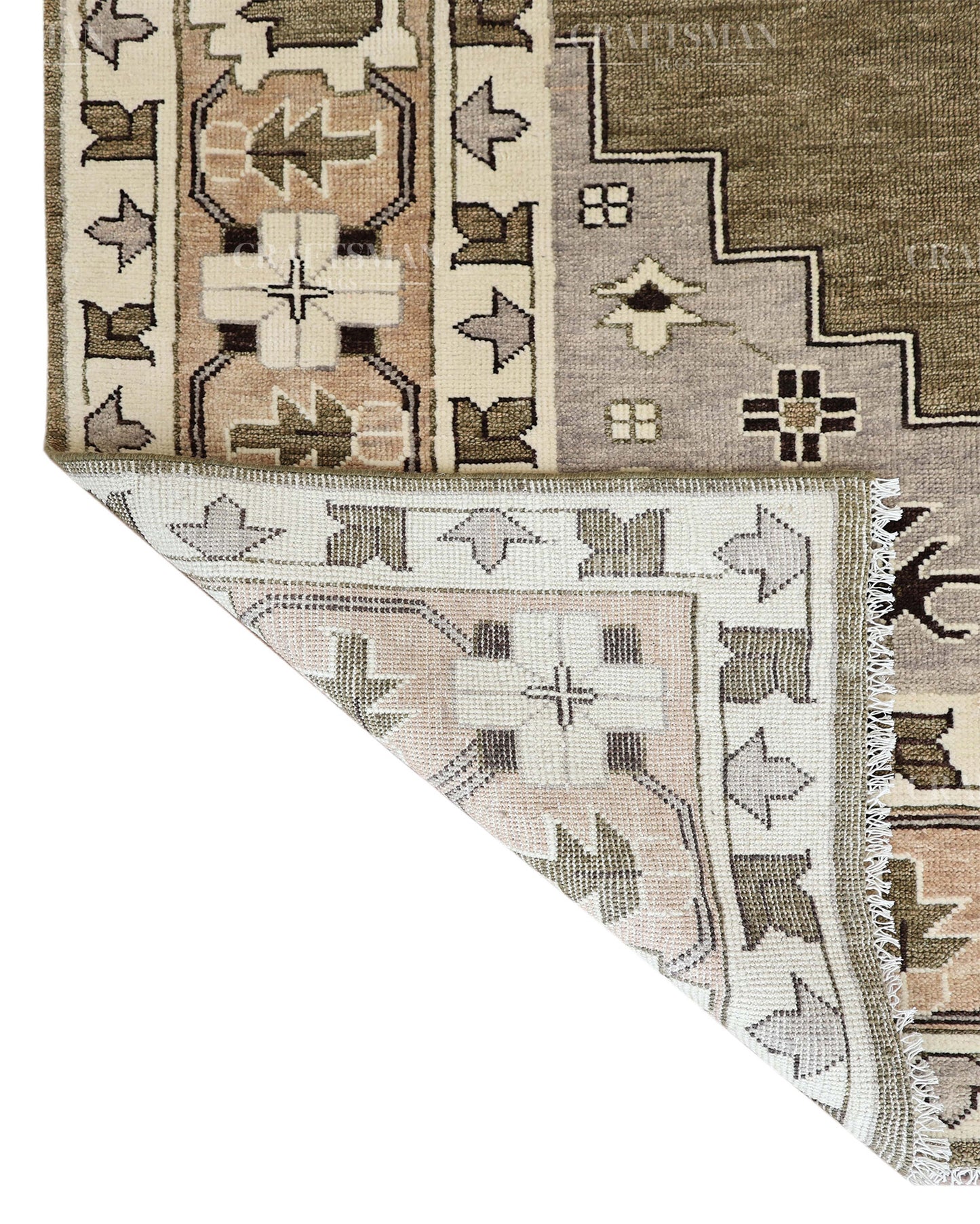 Hand Knotted Southwestern Wool Rug – Olive Green & Ivory Geometric Area Rug | Handmade Tribal Navajo Style Carpet