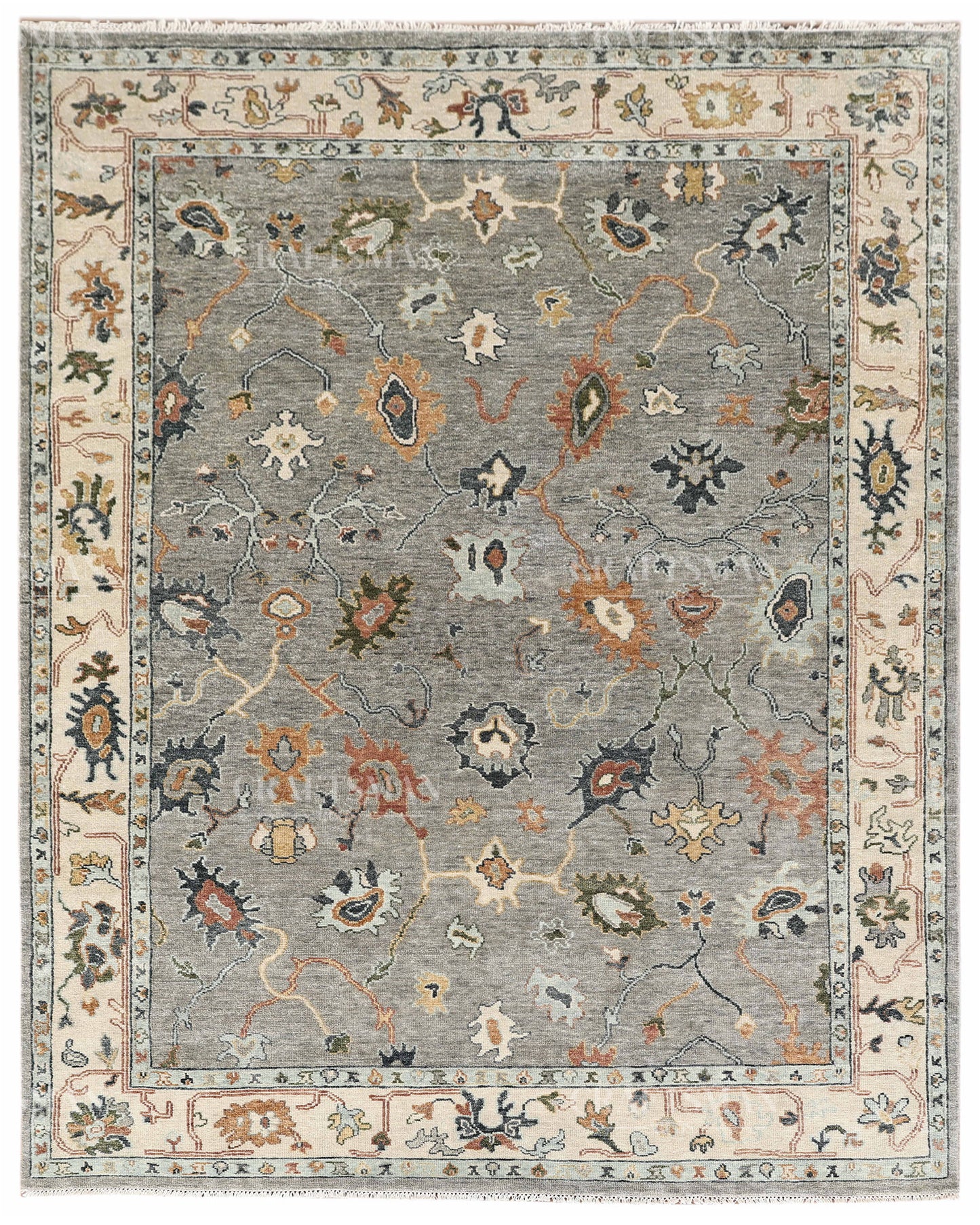 Hand Knotted Oushak Rug, Vintage Turkish Area Rug, Gray Wool Carpet, Handmade Floral Oriental Rug, Luxury Living Room Rug, Traditional Persian Style Rug