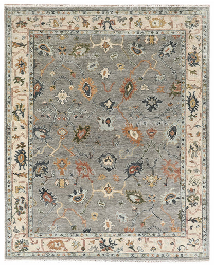 Hand Knotted Oushak Rug, Vintage Turkish Area Rug, Gray Wool Carpet, Handmade Floral Oriental Rug, Luxury Living Room Rug, Traditional Persian Style Rug
