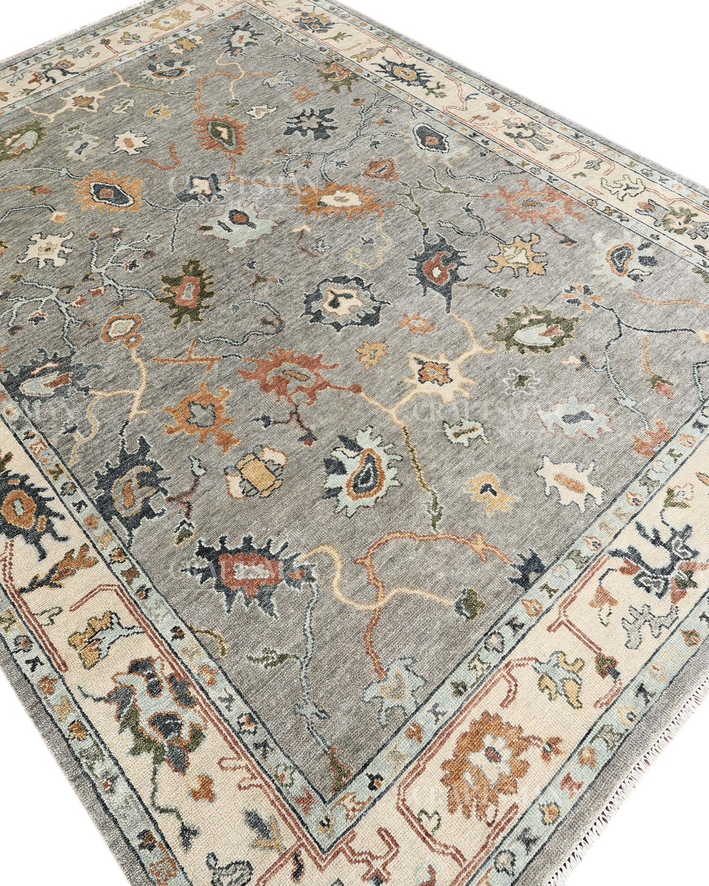 Hand Knotted Oushak Rug, Vintage Turkish Area Rug, Gray Wool Carpet, Handmade Floral Oriental Rug, Luxury Living Room Rug, Traditional Persian Style Rug
