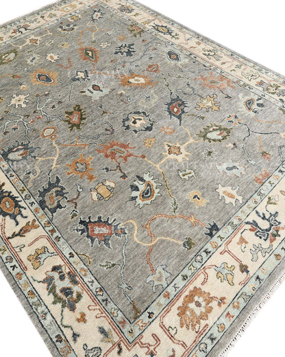 Hand Knotted Oushak Rug, Vintage Turkish Area Rug, Gray Wool Carpet, Handmade Floral Oriental Rug, Luxury Living Room Rug, Traditional Persian Style Rug