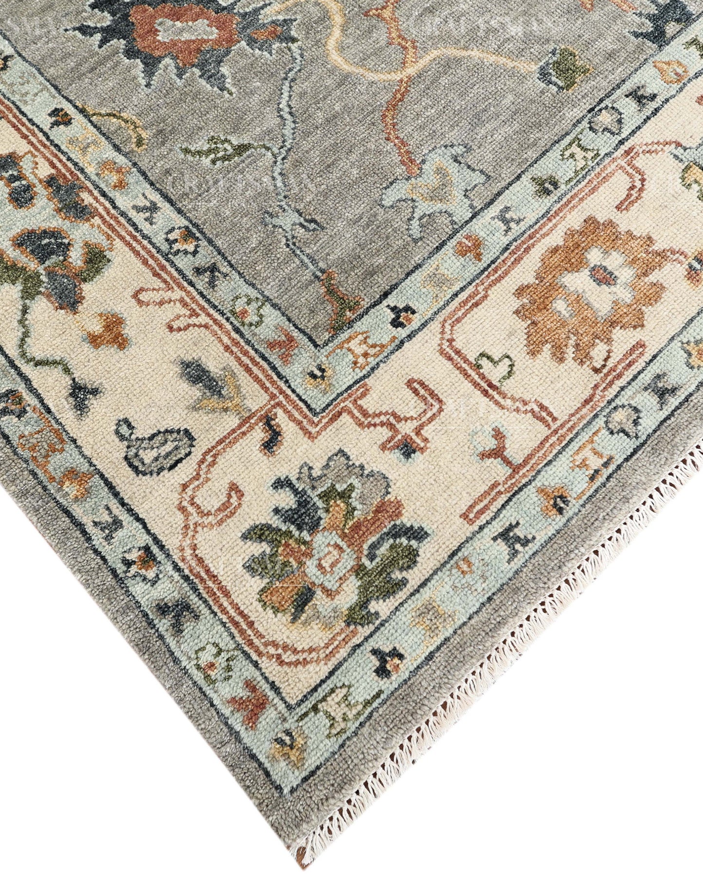 Hand Knotted Oushak Rug, Vintage Turkish Area Rug, Gray Wool Carpet, Handmade Floral Oriental Rug, Luxury Living Room Rug, Traditional Persian Style Rug