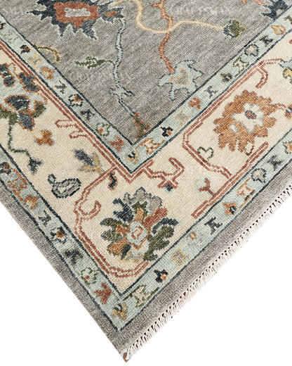 Hand Knotted Oushak Rug, Vintage Turkish Area Rug, Gray Wool Carpet, Handmade Floral Oriental Rug, Luxury Living Room Rug, Traditional Persian Style Rug