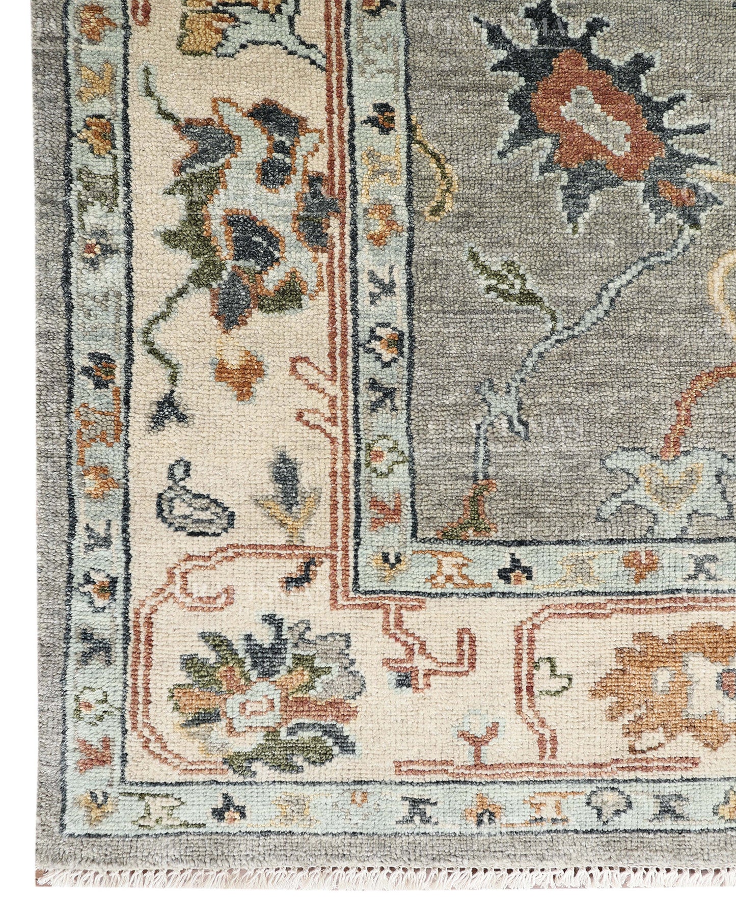 Hand Knotted Oushak Rug, Vintage Turkish Area Rug, Gray Wool Carpet, Handmade Floral Oriental Rug, Luxury Living Room Rug, Traditional Persian Style Rug
