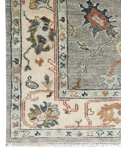 Hand Knotted Oushak Rug, Vintage Turkish Area Rug, Gray Wool Carpet, Handmade Floral Oriental Rug, Luxury Living Room Rug, Traditional Persian Style Rug