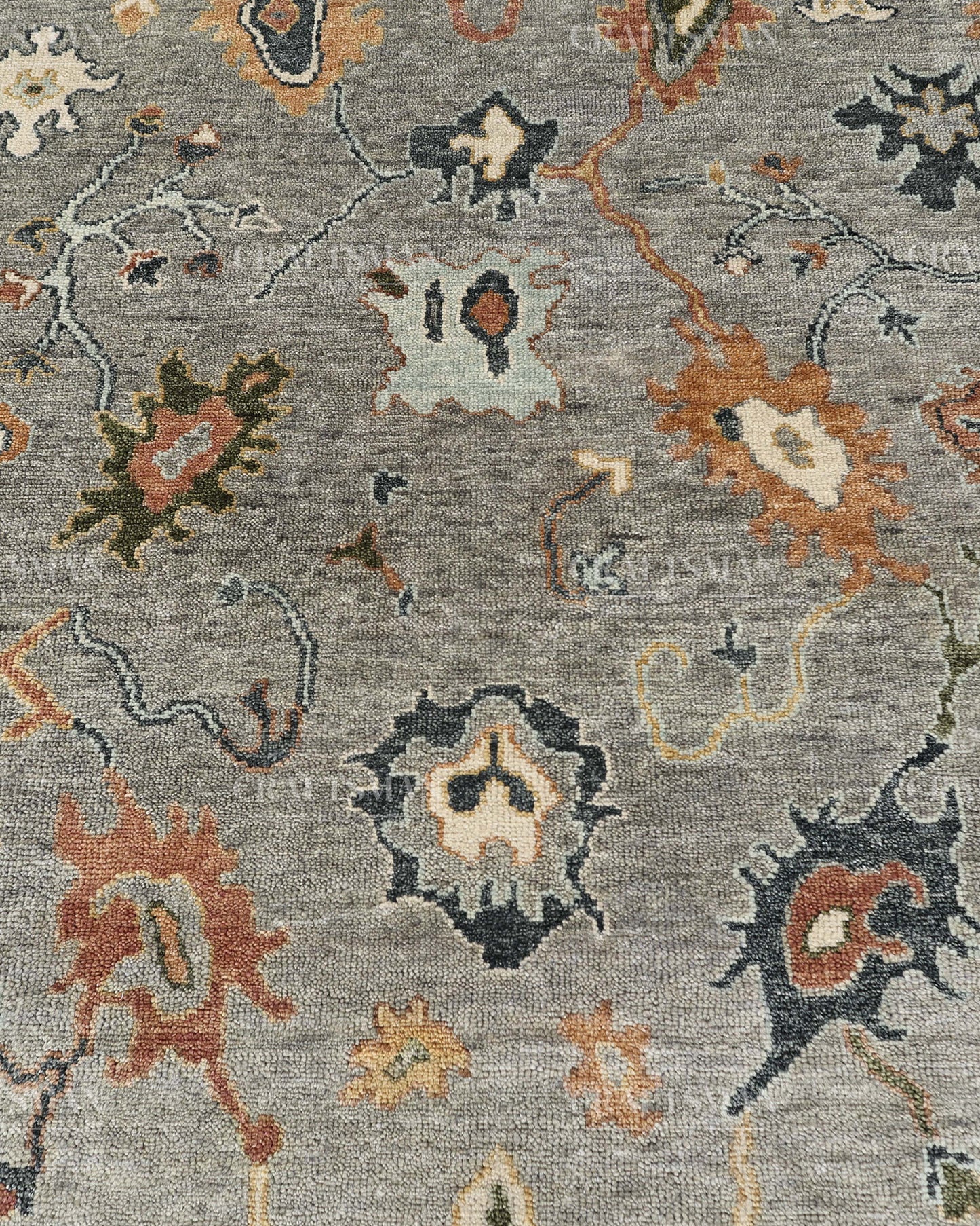 Hand Knotted Oushak Rug, Vintage Turkish Area Rug, Gray Wool Carpet, Handmade Floral Oriental Rug, Luxury Living Room Rug, Traditional Persian Style Rug