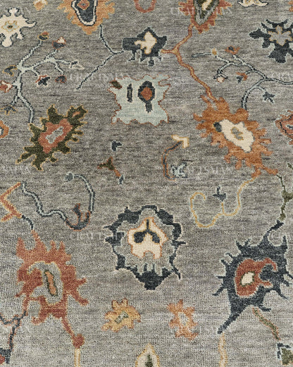 Hand Knotted Oushak Rug, Vintage Turkish Area Rug, Gray Wool Carpet, Handmade Floral Oriental Rug, Luxury Living Room Rug, Traditional Persian Style Rug