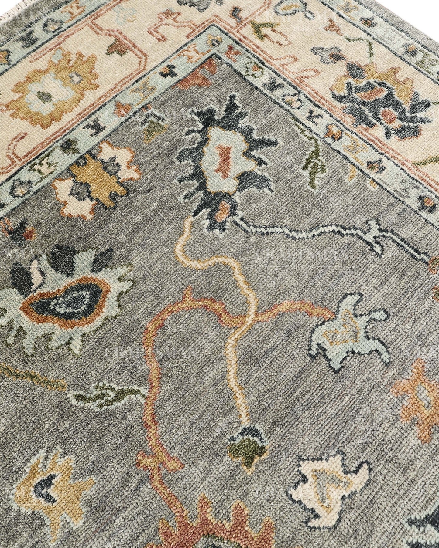 Hand Knotted Oushak Rug, Vintage Turkish Area Rug, Gray Wool Carpet, Handmade Floral Oriental Rug, Luxury Living Room Rug, Traditional Persian Style Rug