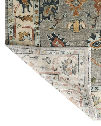 Hand Knotted Oushak Rug, Vintage Turkish Area Rug, Gray Wool Carpet, Handmade Floral Oriental Rug, Luxury Living Room Rug, Traditional Persian Style Rug
