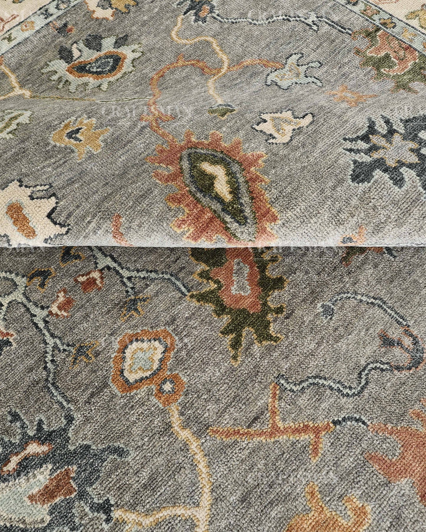 Hand Knotted Oushak Rug, Vintage Turkish Area Rug, Gray Wool Carpet, Handmade Floral Oriental Rug, Luxury Living Room Rug, Traditional Persian Style Rug