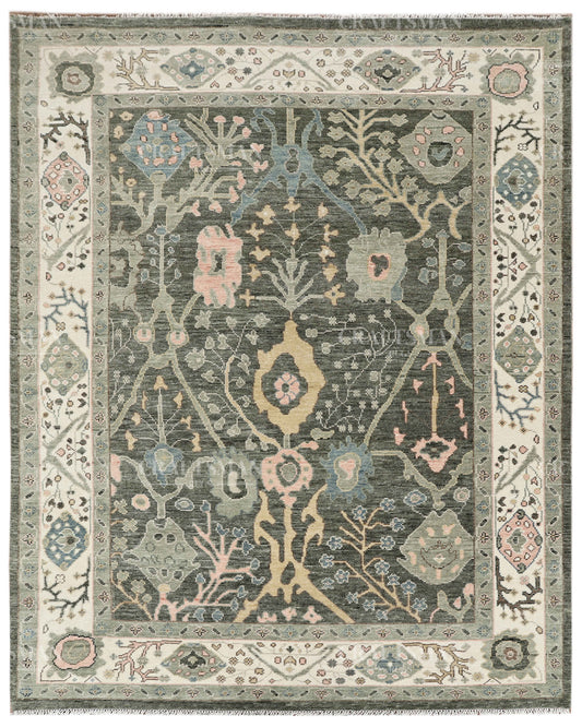 8x10 Hand Knotted Oushak Rug, Vintage Turkish Area Rug, Charcoal Gray Wool Carpet, Floral Oriental Rug, Handmade Living Room Rug, Ivory Border Rug