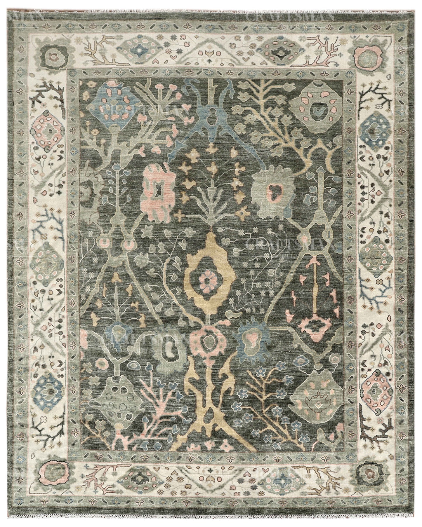 Hand Knotted Oushak Rug, Vintage Turkish Wool Area Rug, Charcoal Gray Oriental Carpet, Handmade Floral Rug, Luxury Living Room Rug, Traditional Persian Style Rug