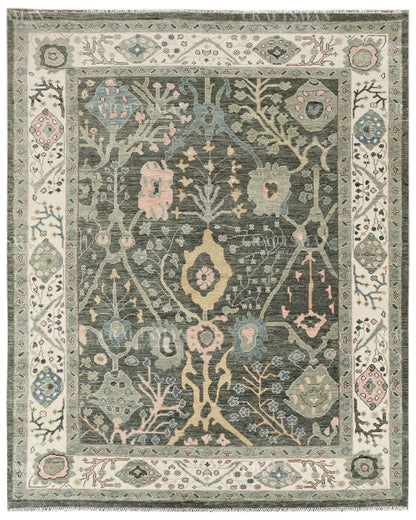 Hand Knotted Oushak Rug, Vintage Turkish Wool Area Rug, Charcoal Gray Oriental Carpet, Handmade Floral Rug, Luxury Living Room Rug, Traditional Persian Style Rug