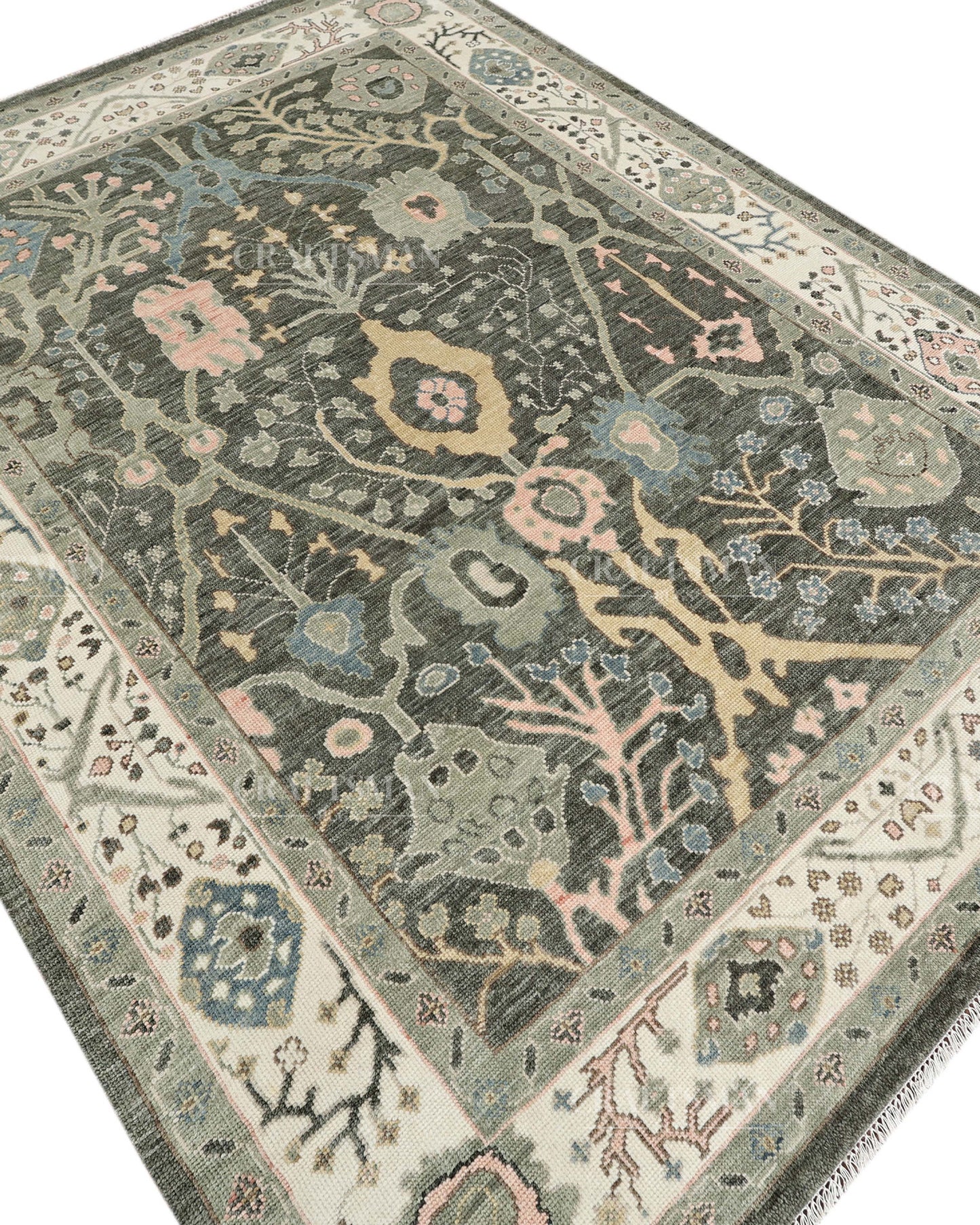 Hand Knotted Oushak Rug, Vintage Turkish Wool Area Rug, Charcoal Gray Oriental Carpet, Handmade Floral Rug, Luxury Living Room Rug, Traditional Persian Style Rug