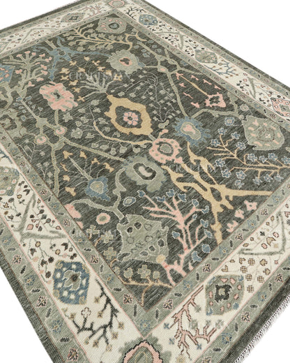 Hand Knotted Oushak Rug, Vintage Turkish Wool Area Rug, Charcoal Gray Oriental Carpet, Handmade Floral Rug, Luxury Living Room Rug, Traditional Persian Style Rug