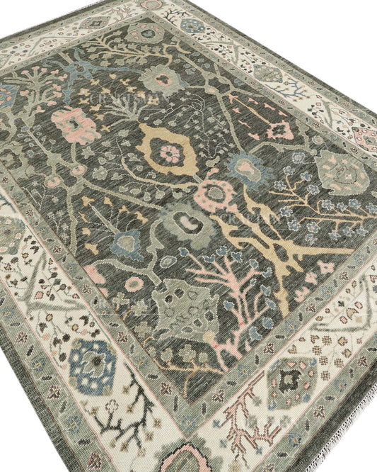 Hand Knotted Oushak Rug, Vintage Turkish Wool Area Rug, Charcoal Gray Oriental Carpet, Handmade Floral Rug, Luxury Living Room Rug, Traditional Persian Style Rug