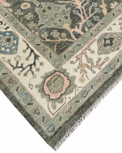 Hand Knotted Oushak Rug, Vintage Turkish Wool Area Rug, Charcoal Gray Oriental Carpet, Handmade Floral Rug, Luxury Living Room Rug, Traditional Persian Style Rug
