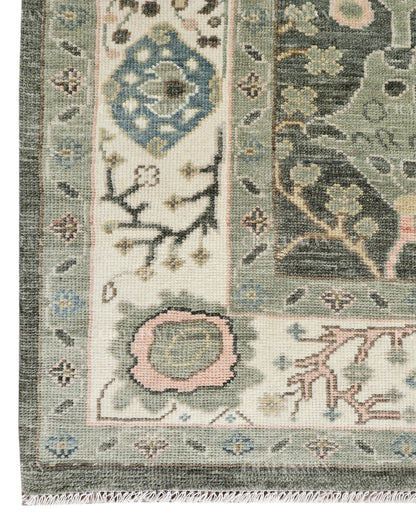Hand Knotted Oushak Rug, Vintage Turkish Wool Area Rug, Charcoal Gray Oriental Carpet, Handmade Floral Rug, Luxury Living Room Rug, Traditional Persian Style Rug