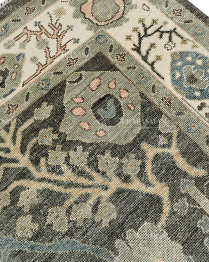 Hand Knotted Oushak Rug, Vintage Turkish Wool Area Rug, Charcoal Gray Oriental Carpet, Handmade Floral Rug, Luxury Living Room Rug, Traditional Persian Style Rug