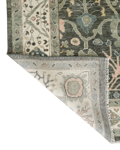 Hand Knotted Oushak Rug, Vintage Turkish Wool Area Rug, Charcoal Gray Oriental Carpet, Handmade Floral Rug, Luxury Living Room Rug, Traditional Persian Style Rug