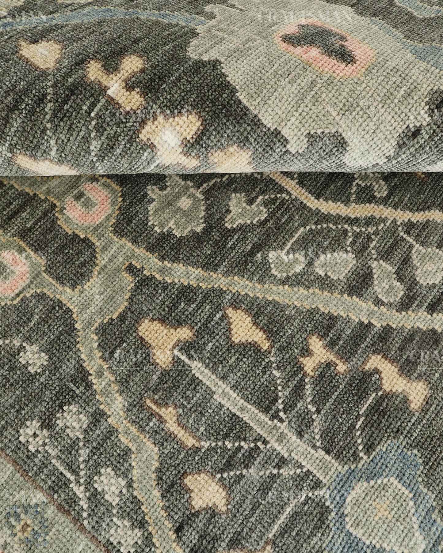 Hand Knotted Oushak Rug, Vintage Turkish Wool Area Rug, Charcoal Gray Oriental Carpet, Handmade Floral Rug, Luxury Living Room Rug, Traditional Persian Style Rug