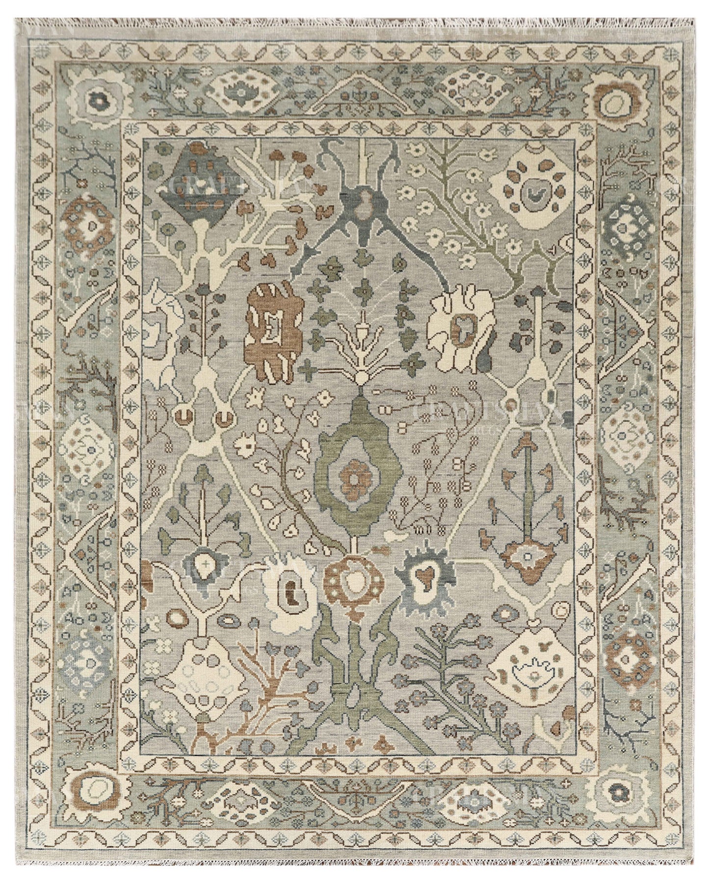8x10 Hand Knotted Oushak Rug, Vintage Turkish Wool Area Rug, Sage Green & Gray Oriental Carpet, Handmade Floral Rug, Traditional Living Room Rug