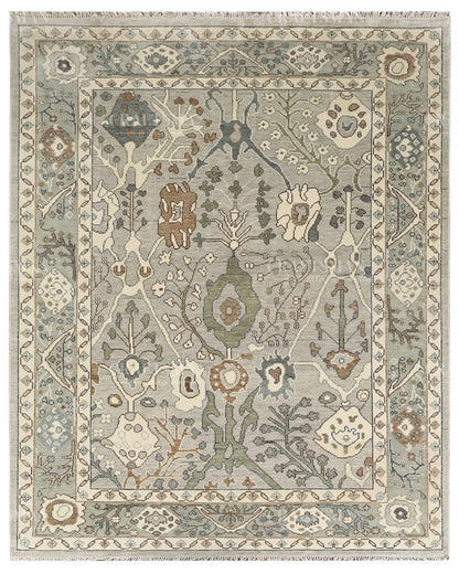 8x10 Hand Knotted Oushak Rug, Vintage Turkish Wool Area Rug, Sage Green & Gray Oriental Carpet, Handmade Floral Rug, Traditional Living Room Rug