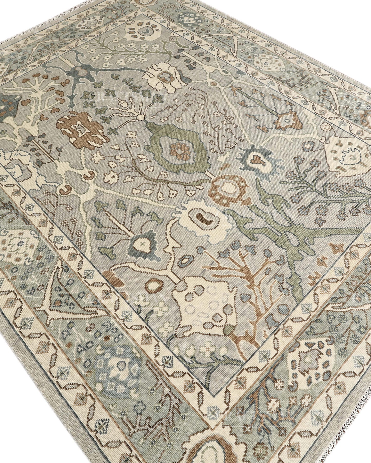 8x10 Hand Knotted Oushak Rug, Vintage Turkish Wool Area Rug, Sage Green & Gray Oriental Carpet, Handmade Floral Rug, Traditional Living Room Rug