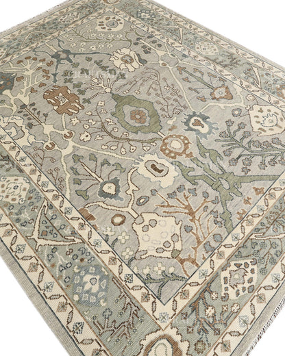 8x10 Hand Knotted Oushak Rug, Vintage Turkish Wool Area Rug, Sage Green & Gray Oriental Carpet, Handmade Floral Rug, Traditional Living Room Rug