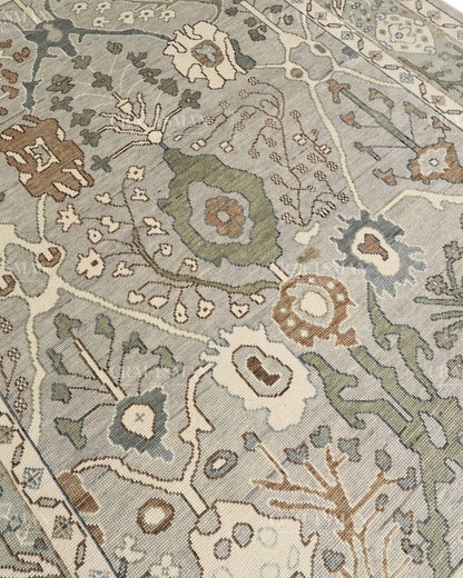 8x10 Hand Knotted Oushak Rug, Vintage Turkish Wool Area Rug, Sage Green & Gray Oriental Carpet, Handmade Floral Rug, Traditional Living Room Rug