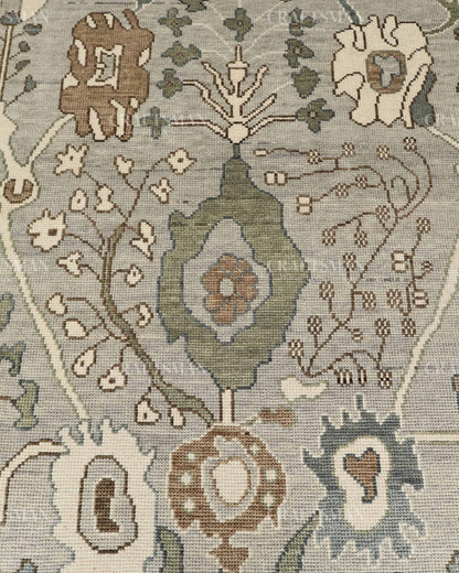 8x10 Hand Knotted Oushak Rug, Vintage Turkish Wool Area Rug, Sage Green & Gray Oriental Carpet, Handmade Floral Rug, Traditional Living Room Rug