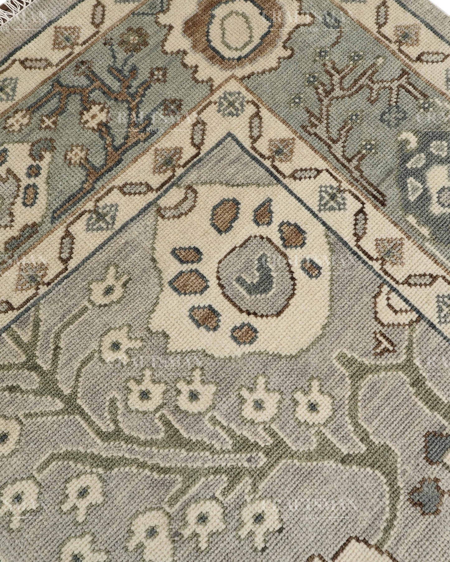 8x10 Hand Knotted Oushak Rug, Vintage Turkish Wool Area Rug, Sage Green & Gray Oriental Carpet, Handmade Floral Rug, Traditional Living Room Rug