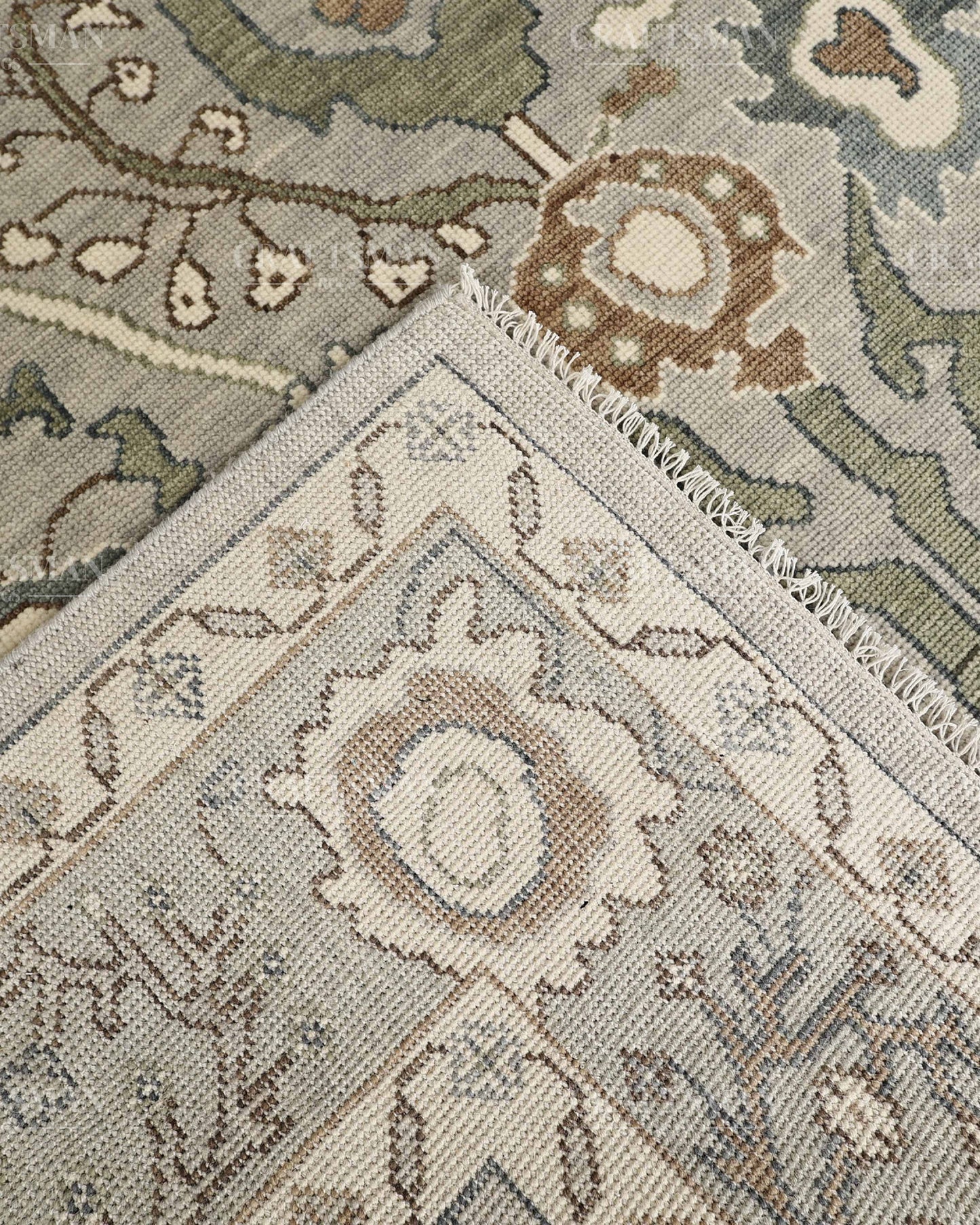 8x10 Hand Knotted Oushak Rug, Vintage Turkish Wool Area Rug, Sage Green & Gray Oriental Carpet, Handmade Floral Rug, Traditional Living Room Rug