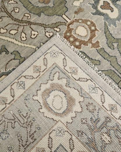 8x10 Hand Knotted Oushak Rug, Vintage Turkish Wool Area Rug, Sage Green & Gray Oriental Carpet, Handmade Floral Rug, Traditional Living Room Rug