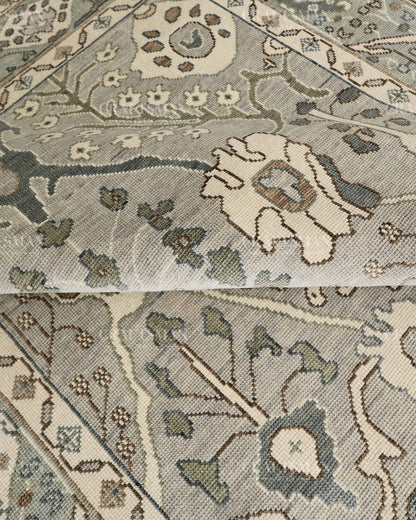 8x10 Hand Knotted Oushak Rug, Vintage Turkish Wool Area Rug, Sage Green & Gray Oriental Carpet, Handmade Floral Rug, Traditional Living Room Rug