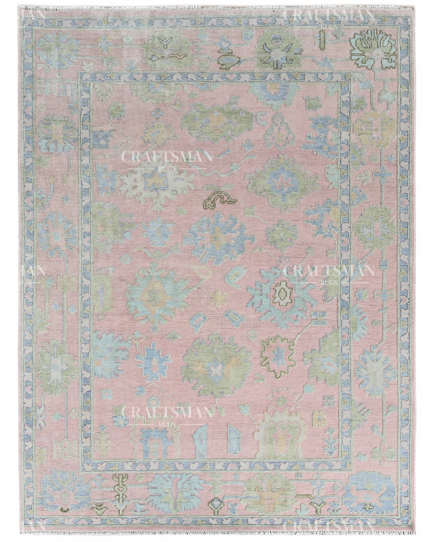 Luxury Hand Knotted Oushak Rug – Blush Pink & Powder Blue Vintage Floral Medallion Wool Area Rug | Traditional Turkish Inspired Handmade Carpet