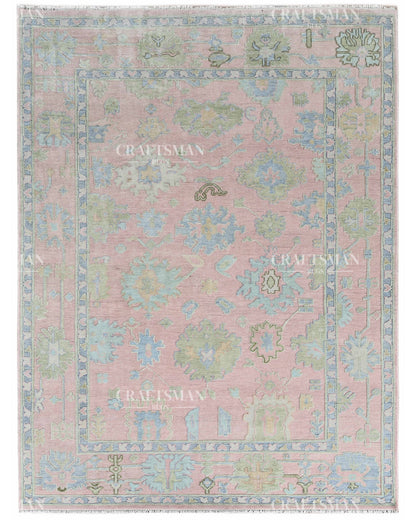 Luxury Hand Knotted Oushak Rug – Blush Pink & Powder Blue Vintage Floral Medallion Wool Area Rug | Traditional Turkish Inspired Handmade Carpet