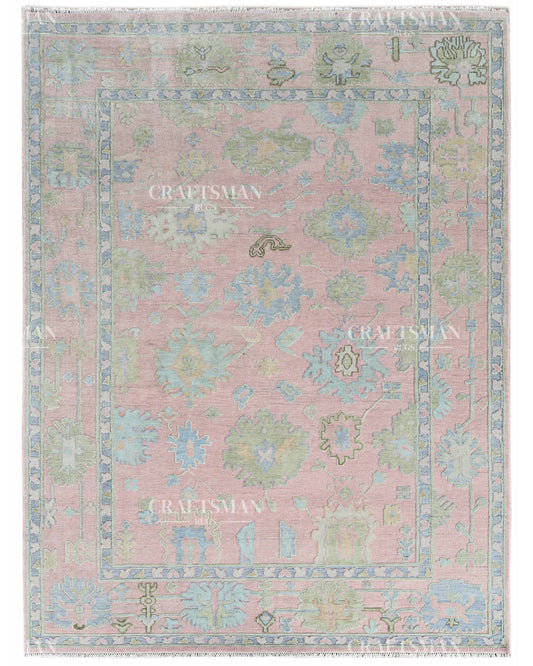 Luxury Hand Knotted Oushak Rug – Blush Pink & Powder Blue Vintage Floral Medallion Wool Area Rug | Traditional Turkish Inspired Handmade Carpet