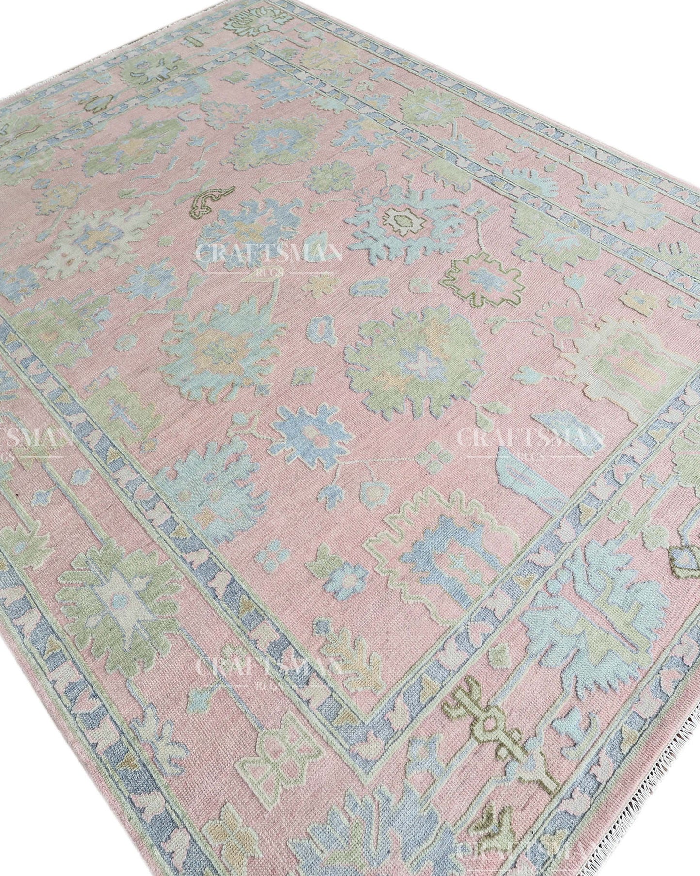 Luxury Hand Knotted Oushak Rug – Blush Pink & Powder Blue Vintage Floral Medallion Wool Area Rug | Traditional Turkish Inspired Handmade Carpet