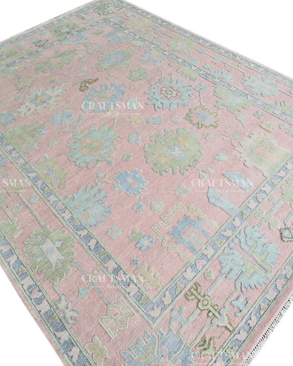 Luxury Hand Knotted Oushak Rug – Blush Pink & Powder Blue Vintage Floral Medallion Wool Area Rug | Traditional Turkish Inspired Handmade Carpet
