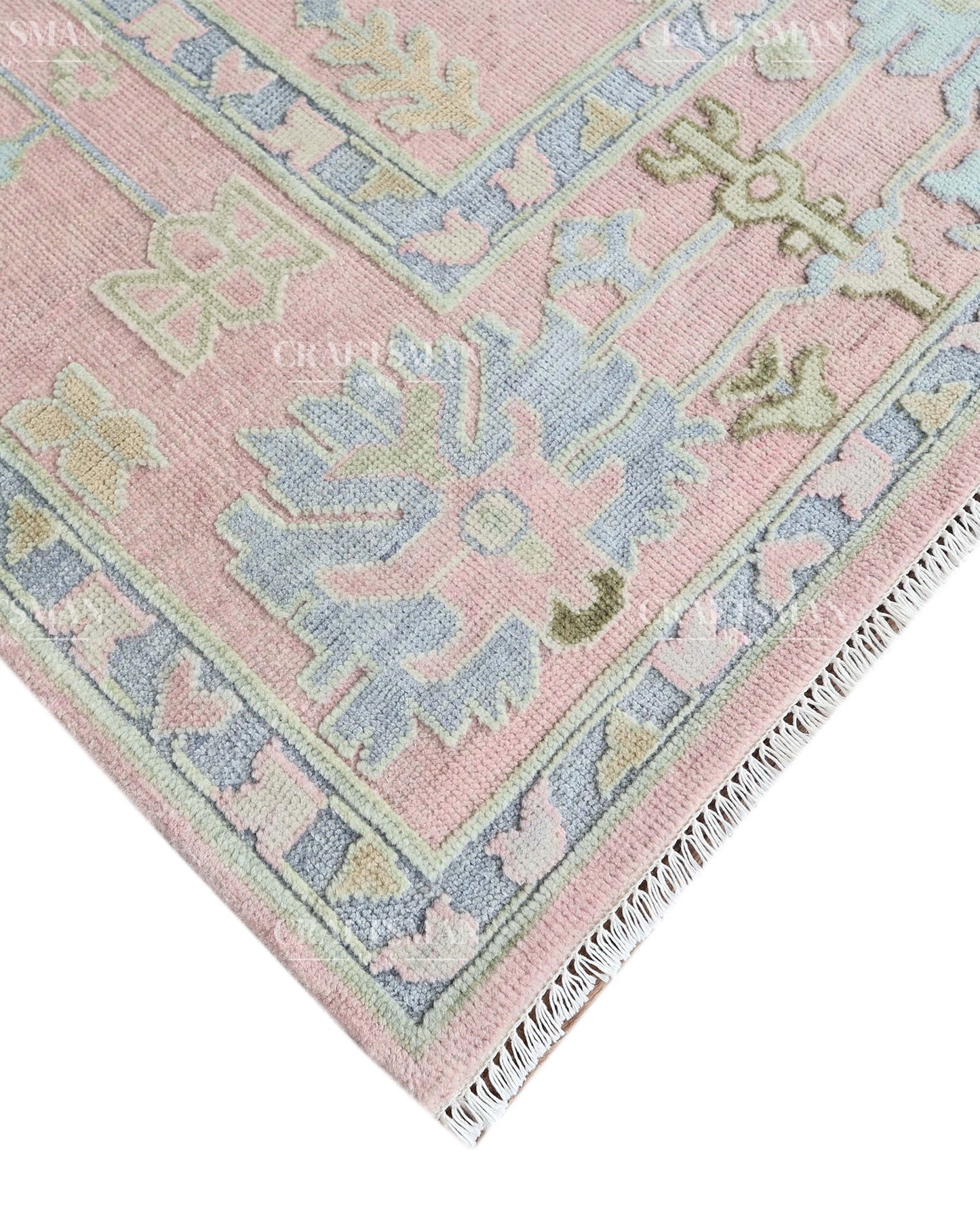 Luxury Hand Knotted Oushak Rug – Blush Pink & Powder Blue Vintage Floral Medallion Wool Area Rug | Traditional Turkish Inspired Handmade Carpet
