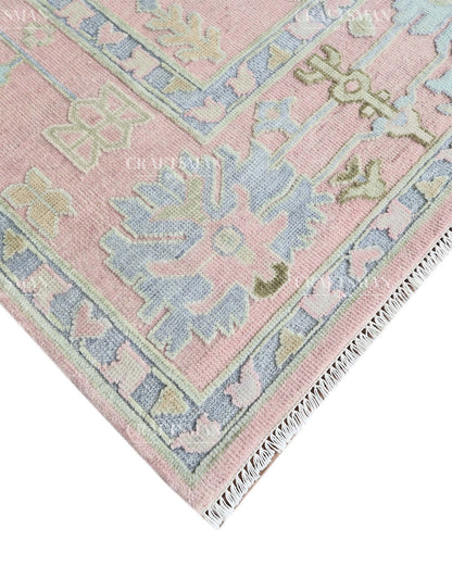 Luxury Hand Knotted Oushak Rug – Blush Pink & Powder Blue Vintage Floral Medallion Wool Area Rug | Traditional Turkish Inspired Handmade Carpet