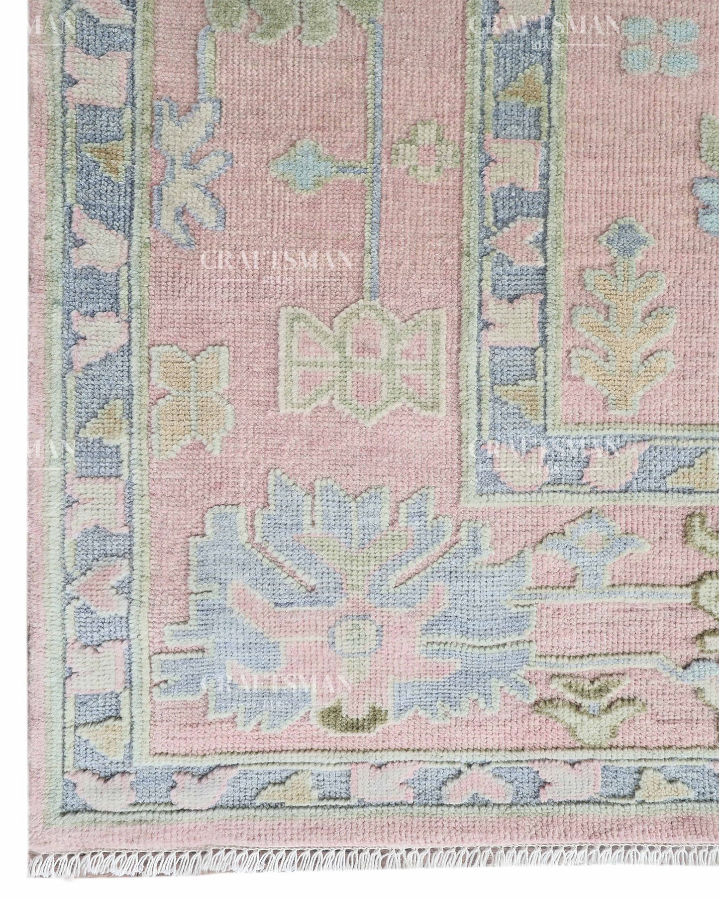 Luxury Hand Knotted Oushak Rug – Blush Pink & Powder Blue Vintage Floral Medallion Wool Area Rug | Traditional Turkish Inspired Handmade Carpet