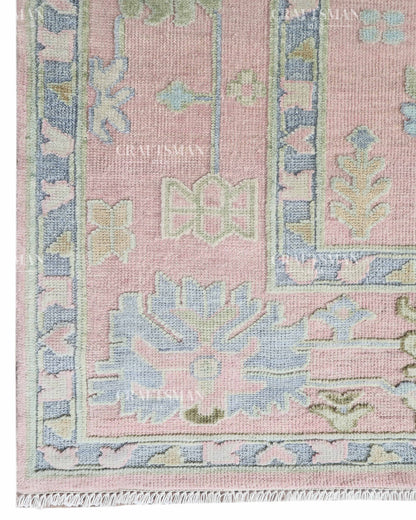 Luxury Hand Knotted Oushak Rug – Blush Pink & Powder Blue Vintage Floral Medallion Wool Area Rug | Traditional Turkish Inspired Handmade Carpet