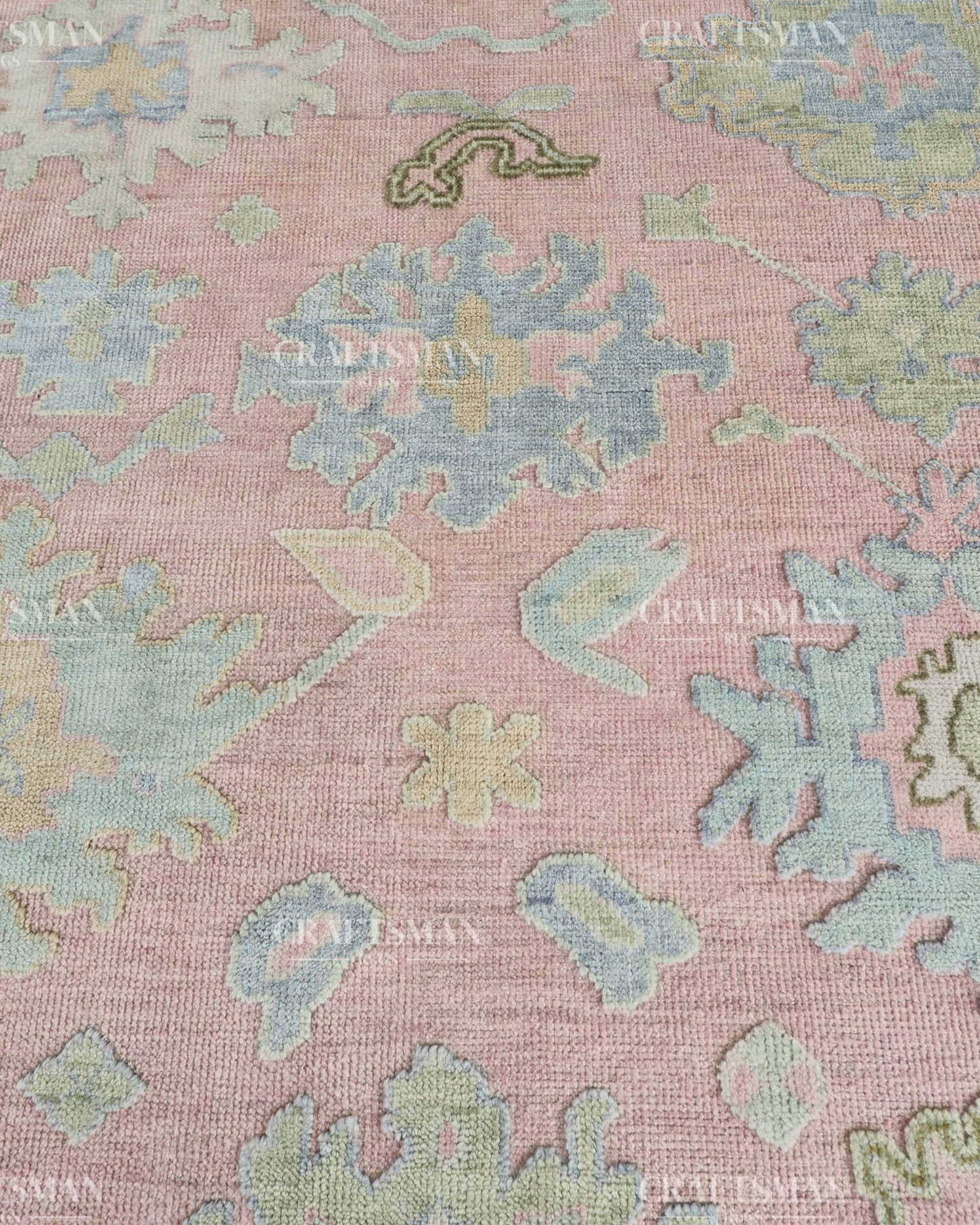 Luxury Hand Knotted Oushak Rug – Blush Pink & Powder Blue Vintage Floral Medallion Wool Area Rug | Traditional Turkish Inspired Handmade Carpet
