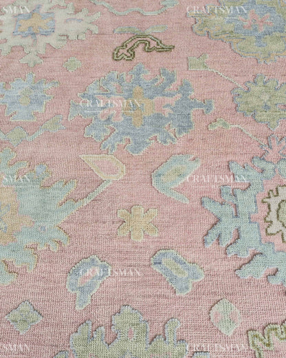 Luxury Hand Knotted Oushak Rug – Blush Pink & Powder Blue Vintage Floral Medallion Wool Area Rug | Traditional Turkish Inspired Handmade Carpet