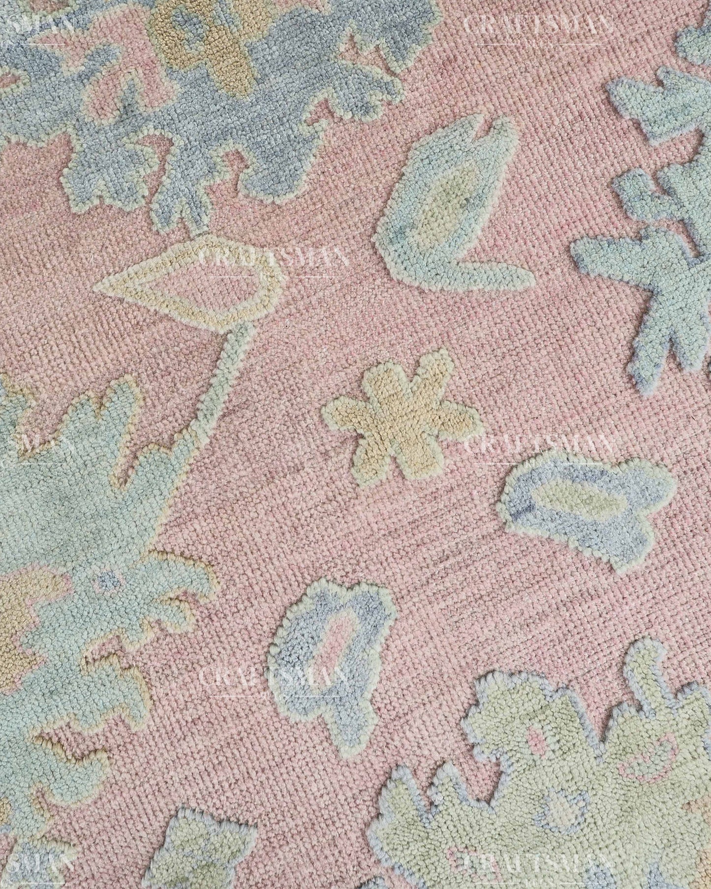 Luxury Hand Knotted Oushak Rug – Blush Pink & Powder Blue Vintage Floral Medallion Wool Area Rug | Traditional Turkish Inspired Handmade Carpet