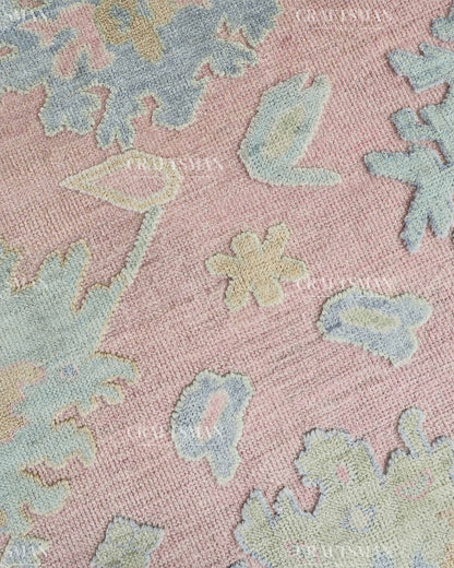 Luxury Hand Knotted Oushak Rug – Blush Pink & Powder Blue Vintage Floral Medallion Wool Area Rug | Traditional Turkish Inspired Handmade Carpet