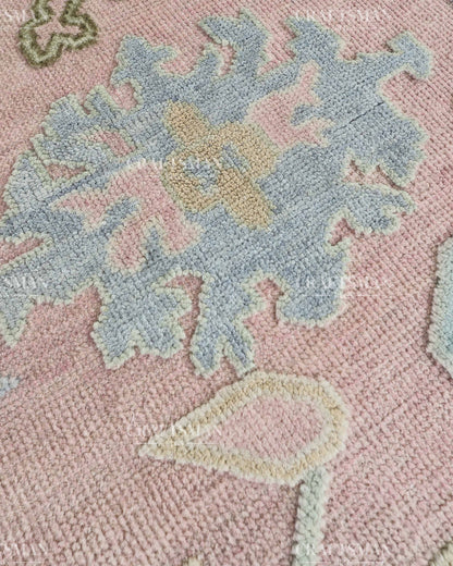 Luxury Hand Knotted Oushak Rug – Blush Pink & Powder Blue Vintage Floral Medallion Wool Area Rug | Traditional Turkish Inspired Handmade Carpet